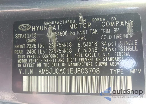 2014 Hyundai Tucson Gls/Limited/Se from USA, damaged, VIN KM8JUCAG1EU803708